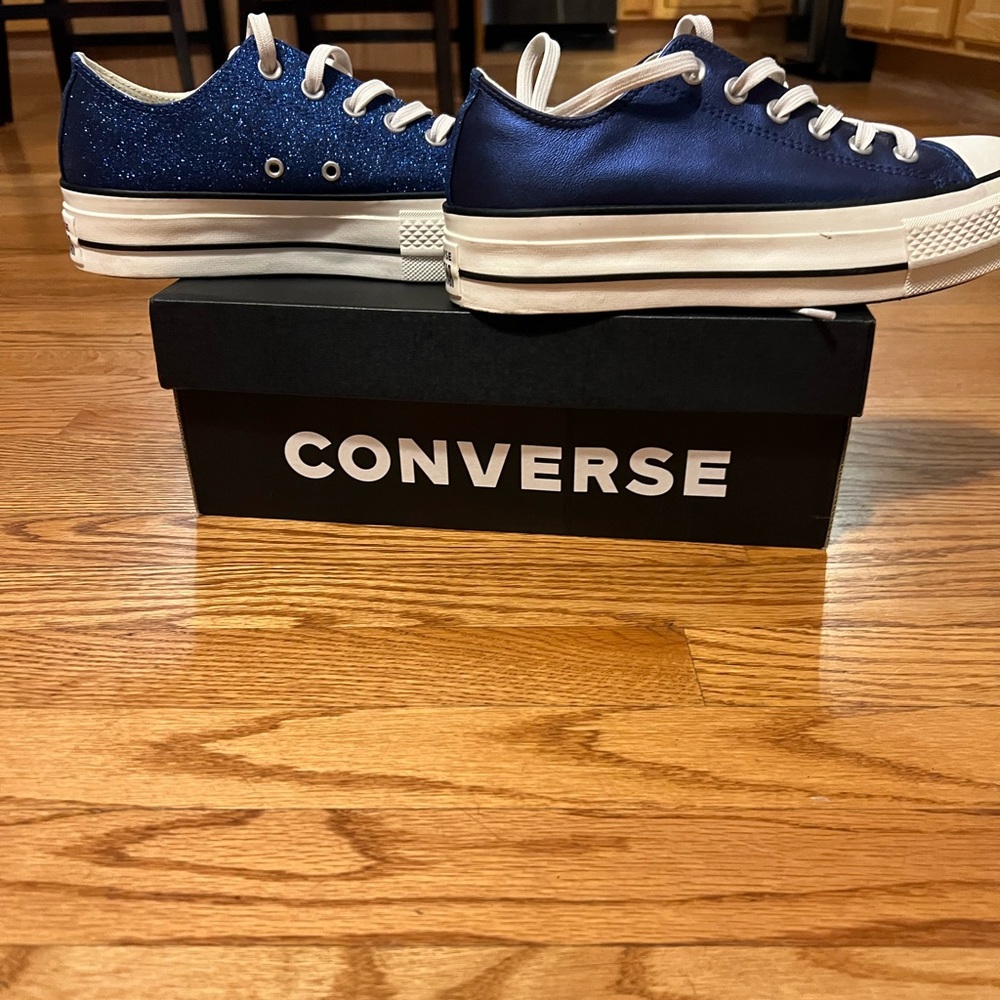 Converse Chuck Taylor Navy Blue All Star Platform Glitter and Satin Shoes